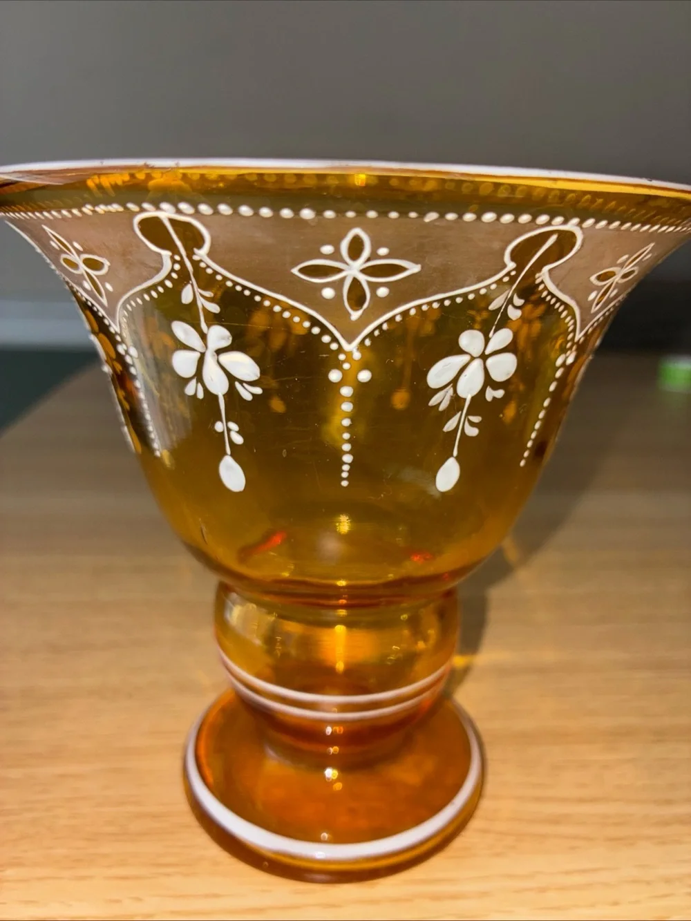 Amber Glass Pedestal Vase with White Hand-Painted Floral Design